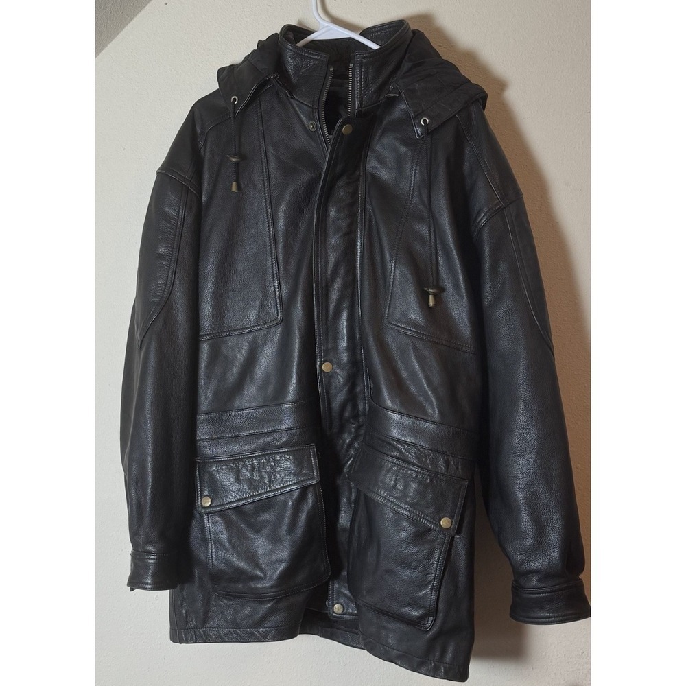 Wilson's Black Leather Hooded Jacket Coat Mens Medium Zip Snap Front